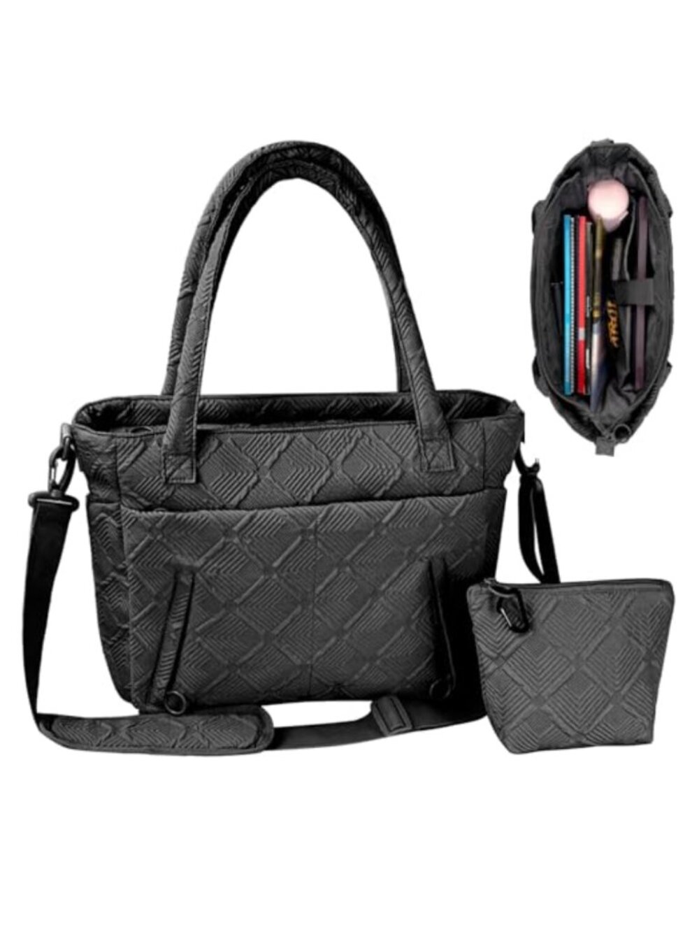 Puffy Tote Bag with Cup Holder Laptop Sleeve Crossbody Shoulder Bag